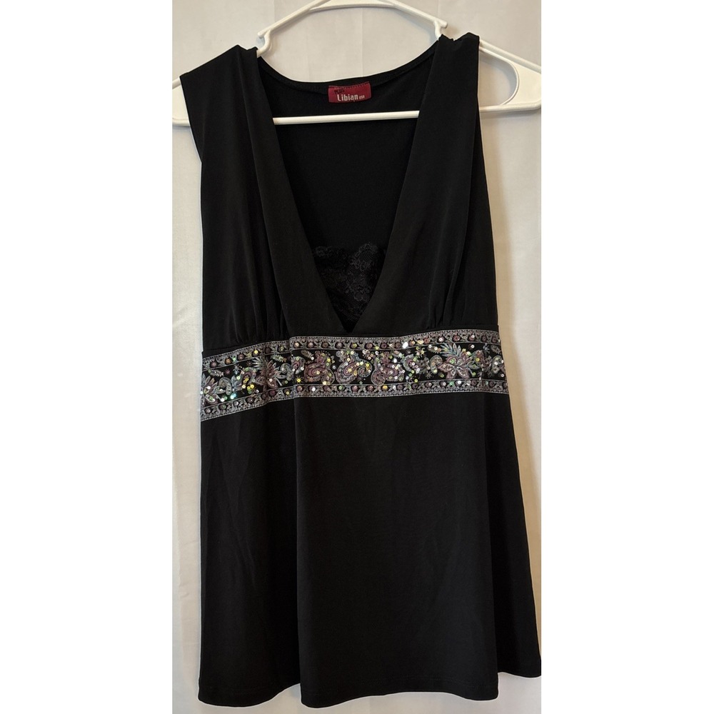 Y2k Black Sleeveless Embellished Babydoll Style Top Back Tie‎ Libian
